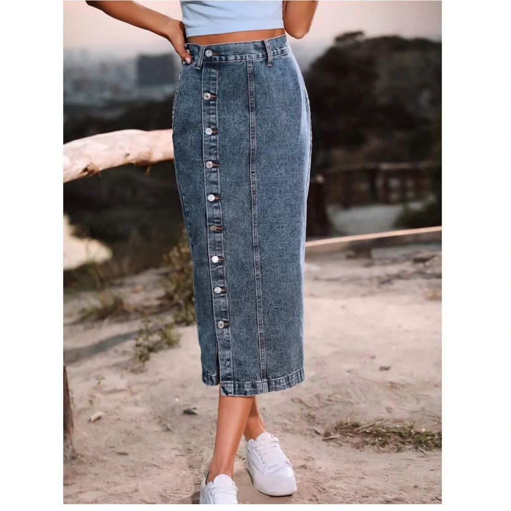 Women's Casual High Waisted Solid Button Up Blue Denim Jean Midi Skirt